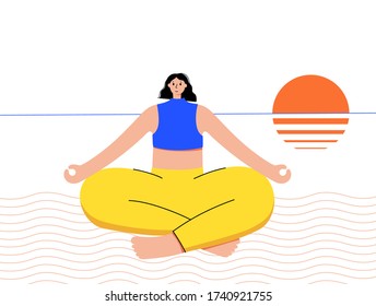 Happy woman performs yoga lotus position on the seashore during sunset or sunrise. No stress and healthy lifestyle concept for poster. Adult woman cartoon character. Flat vector illustration