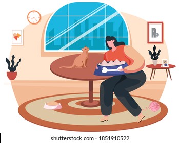 Happy woman pet owner feeding a cat. Female character spend time and caring of domestic animals at home. Friendship, leisure with little friends. Girl put food in kitten plate in living room interior