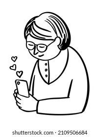 Happy woman with a phone. A smiling middle-aged woman looking into her phone, interacting and liking.