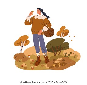 Mulher feliz colhendo cogumelos, andando na floresta de outono, carregando cesta de vime. Mulher cogumelo colecionando chanterelles, curtindo ao ar livre. Ilustração de vetor plano isolada no plano de fundo branco