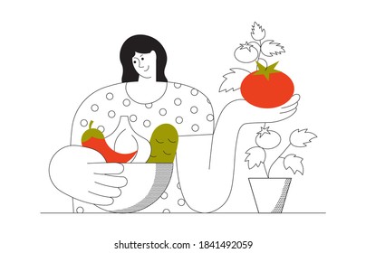 Happy woman picking vegetables grown at home. Kitchen garden superfood for yourself and Self-Sufficiency in simple minimal outline design isolated on white background. Flat Art Vector Illustration