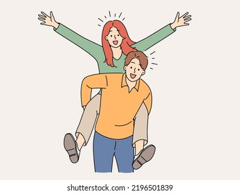 Happy woman piggyback smiling man have fun together. Overjoyed couple feeling positive. Male carry girlfriend on back. Vector illustration. 