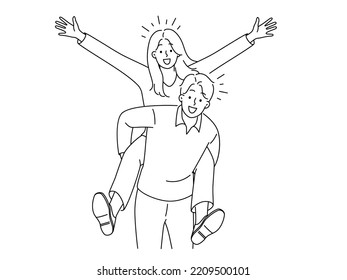 Happy woman piggyback smiling man have fun together. Overjoyed couple feeling positive. Male carry girlfriend on back. Vector illustration. 