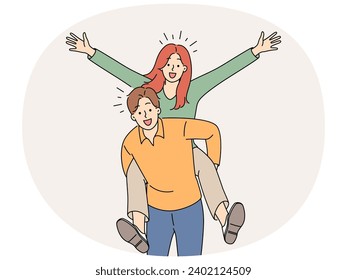 Happy woman piggyback smiling man have fun together. Overjoyed couple feeling positive. Male carry girlfriend on back. Vector illustration.