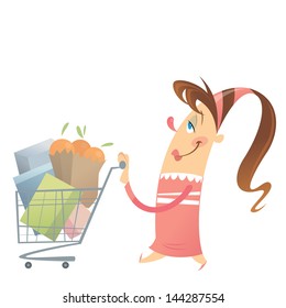 Happy woman in pink dress is shopping satisfied at super market with her full cart