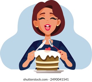 
Happy Woman Planning to Eat Cake Vector Cartoon. Cheerful girl eating dessert for her birthday 
