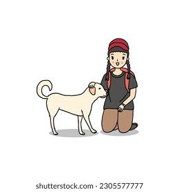 Happy Woman Play with Dog, hand drawn style vector illustration