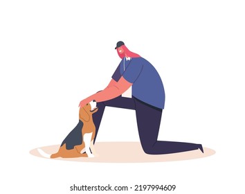 Happy Woman Play with Dog, Volunteer Caress Puppy. Female Character Caring and Spend Time with Domestic Animal in Shelter. Friendship, Leisure with Fluffy Friend. Cartoon Vector Illustration