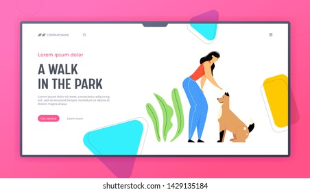 Happy Woman Play with Dog Website Landing Page, Spend Time with Domestic Animal, Friendship, Lifestyle, Leisure with Pet, Human and Animal Relation, Web Page. Cartoon Flat Vector Illustration, Banner