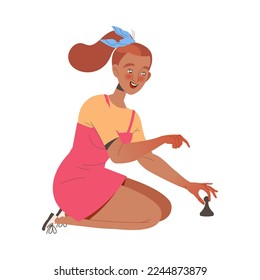 Happy Woman Playing Board Game Having Fun on Weekend Vector Illustration
