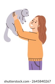 Happy woman playing with cat. Flat vector illustration.