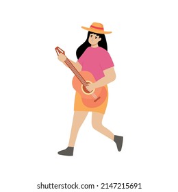 happy woman playing a guitar