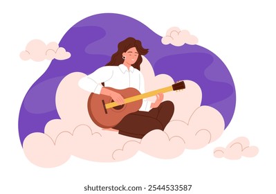 Glückliche Frau, die Gitarre spielt, auf Wolken sitzt und gute Stimmung macht. Nette weibliche Gitarrist hält akustische Gitarre zu spielen romantische Melodie, lächelnd in positive Stimmung Cartoon Vektorgrafik