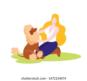 Happy Woman Playing with Poodle Dog Isolated on White Background, Girl Character Spend Time with Domestic Animal, Friendship, Lifestyle, Leisure with Pet, Relation Cartoon Flat Vector Illustration
