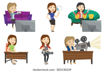 Happy woman playing video game. An excited young woman playing video game at home. Woman celebrating her victory in video game. Set of vector flat design illustrations isolated on white background.