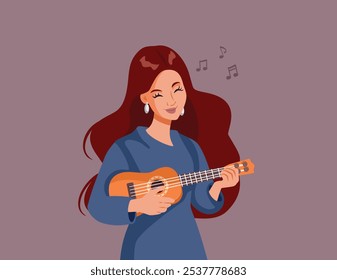 
Happy Woman plays the Ukulele Vector Cartoon illustration. Beautiful girl playing a musical instrument showing skills 
