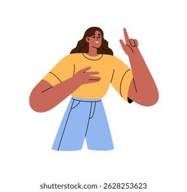 Happy woman is pointing finger to offer idea, thoughts. Black girl is hand up to answer the question. Thinking person found a solution, decision. Flat isolated vector illustration on white background