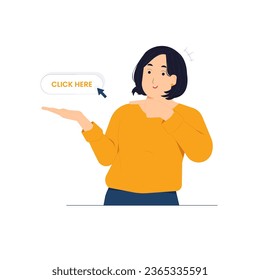 Happy woman pointing index fingers on the right corner, showing copy space click here concept illustration