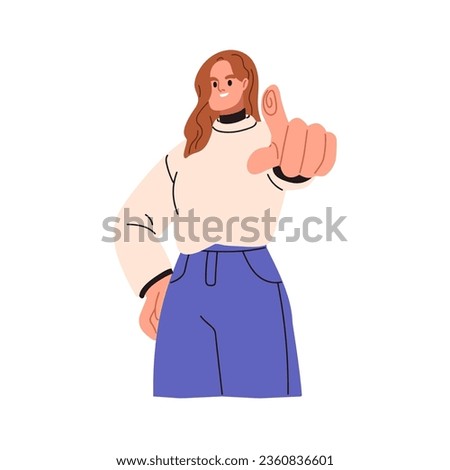 Happy woman pointing at you with finger. Girl gesturing forward, in front of her, choosing something with hand, touching, clicking. Flat graphic vector illustration isolated on white background