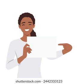 Happy woman points to a blank template. Flat vector illustration isolated on white background