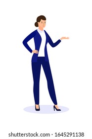 Happy woman points to something. Character for advertisement.  shows a direction with a hand. Vector illustration.
