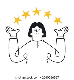 Happy woman points to the stars. Concept of good customer review rating and client feedback. Outline, linear, thin line, doodle art. Simple style with editable stroke.