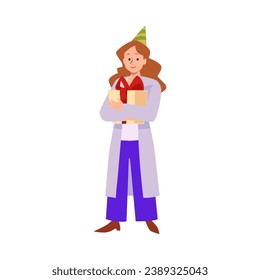 Happy woman in pointy hat holding gift box, flat vector illustration isolated on white background. Person celebrating birthday.