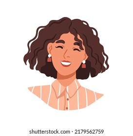 Happy woman portrait. Smiling young girl with curly wavy hair and bob cut, hairstyle. Modern cheerful beautiful pretty female with curls. Flat vector illustration isolated on white background