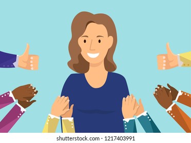 Happy woman portrait with thumbs up and human hands clapping isolated on background. Thumbs up flat hands for social network, blog and app. Party celebration concept. Happy woman, vector illustration