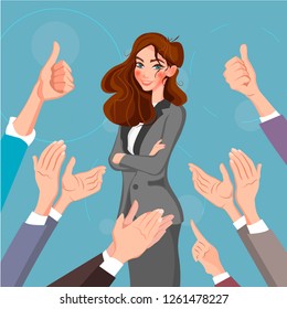 Happy woman portrait with thumbs up and human hands clapping isolated on background. Thumbs up flat hands for social network, blog and app. Party celebration concept. Happy woman, vector illustration