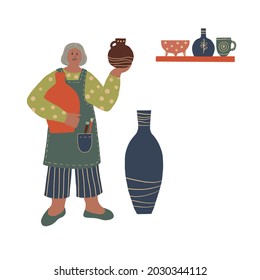 Happy woman in a pottery workshop holds pottery calls in her hands. Pottery hobby. Vector hand-drawn illustration for postcards, flyers,website page etc.