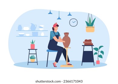 Happy woman in pottery workshop vector illustration. Cartoon drawing of girl making vase or pot using pottery wheel and clay. Sculpting, art therapy, creativity, pottery concept