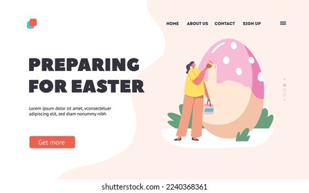 Happy Woman Preparing for Easter Landing Page Template. Spring Holiday Celebration. Tiny Female Character with Bucket and Paintbrush Decorate and Painting Huge Easter Egg. Cartoon Vector Illustration