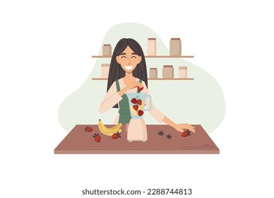 Happy woman preparing fruit smoothie in kitchen vector illustration