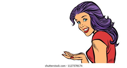 happy woman presenting gesture isolate on white background. Comic cartoon pop art retro illustration vector drawing