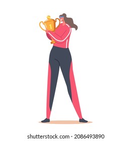 Happy Woman Proud of Win in Competition. Sportive Female Character Celebrate Victory Holding Golden Cup. Sport Success Celebration Isolated on White Background. Cartoon People Vector Illustration