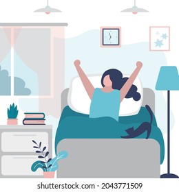 Happy woman pulls himself up after waking up. Female character sits on bed with cat and stretching arms. Beginning good day. Girl waking up in morning. Bedroom interior design. Vector illustration