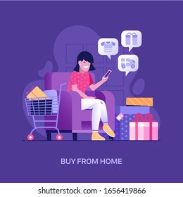 Happy woman purchasing with mobile phone on internet digital store. Korean girl shopping online at home. Smiling customer with shopping cart making online order on sofa buying gifts and clothes.