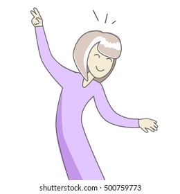 Happy woman in purple dress dancing. Woman dancing icon. Successful woman having fun and dancing. Woman rejoices, celebrates his victory, success. Line art. Isolated object on white background.