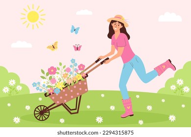 Mujer feliz empujando un carrito de jardín con flores en el prado. Paisaje soleado con carretilla floral, jardinero femenino y mariposas. Agricultura, agricultura, jardinería, primavera o verano.