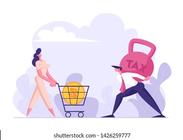 Happy Woman Pushing Shopping Cart with Big Golden Dollar Coin inside, Sad Man Carry Huge Heavy Weight on Back. Tax and Loan Payment, Business Taxation Concept, Cartoon Flat Vector Illustration