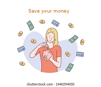 Happy woman putting coin into piggy bank. Hand drawn style vector design illustrations.