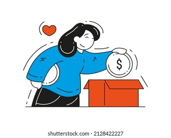 Happy woman putting donation coin into cardboard box vector flat illustration. Concept of help, social care, volunteering, financial support for poor people. Female giving money to charity isolated