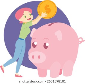 Happy woman putting large coin in a piggy bank