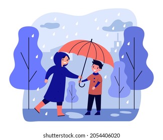 Happy woman in raincoat giving umbrella to boy. Smiling caring person covering guy from raining. Autumn season weather concept. Flat cartoon vector illustration, web landing.