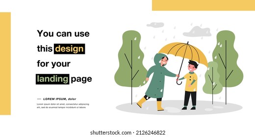 Happy woman in raincoat giving umbrella to boy. Smiling caring person covering guy from raining. Autumn season weather concept. Flat cartoon vector illustration, web landing.