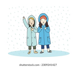 Happy woman in raincoats, traveller wearing raincoats, standing in the rain together. Hand drawn style vector illustration