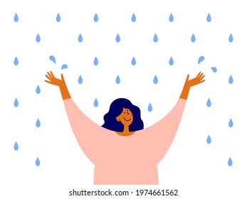 Happy woman with raised arms stands enjoying rain. Optimist female character. Cute girl catches water drops with hands. Love to life, positive mindset, emotion. Rainy day enjoyment vector illustration