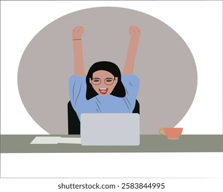 Happy woman with raised hands in front of a laptop