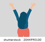 Happy woman with raised hands. A joyful girl joins events with her open arms. Concept of happiness, inner peace, positive thinking, optimism and mental health wellbeing. Back view. Vector illustration